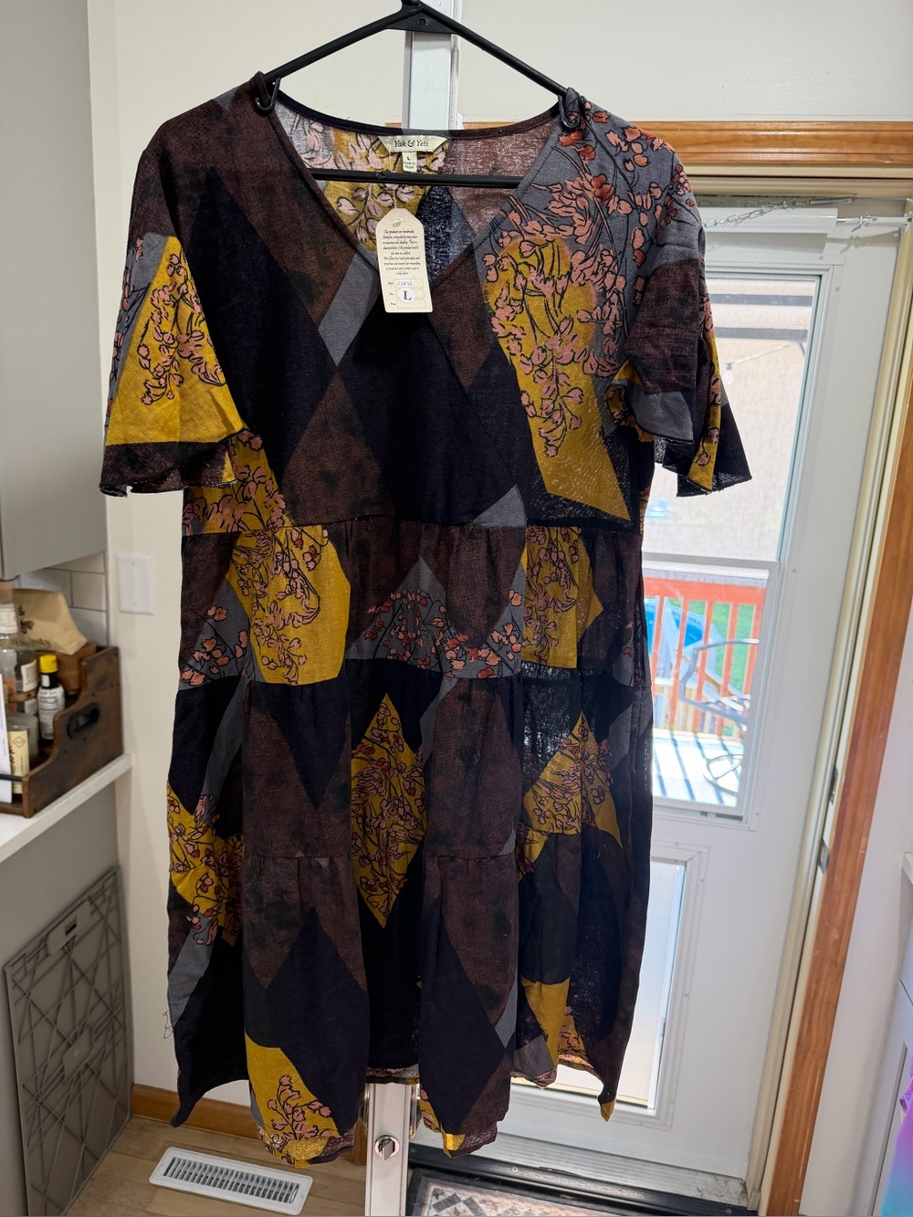 Relaxed V-Neck Tiered Midi Dress in Mustard and Black